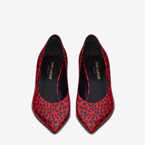 SAINT LAURENT YSL Babycat Leopard Kitten 50 Leather Pumps Vermillion Red Size 37 - Picture 2 of 5
